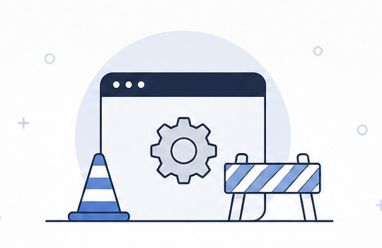 Browser window with a gear and construction barrier